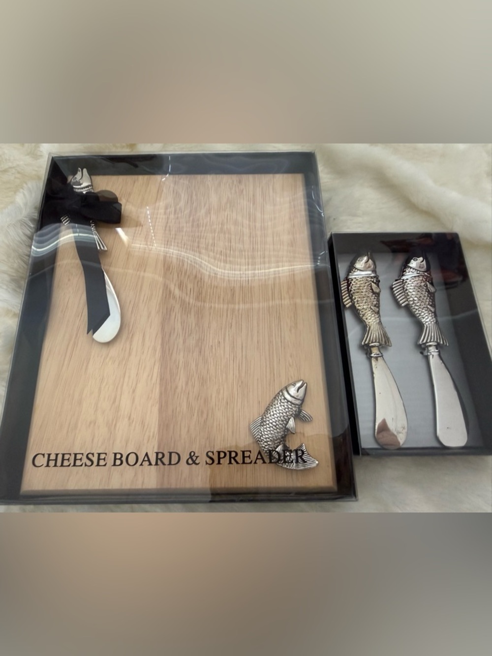 Old Time Pottery Fish Cheese Board & Spreader W/ Two Additional Spreading Knives